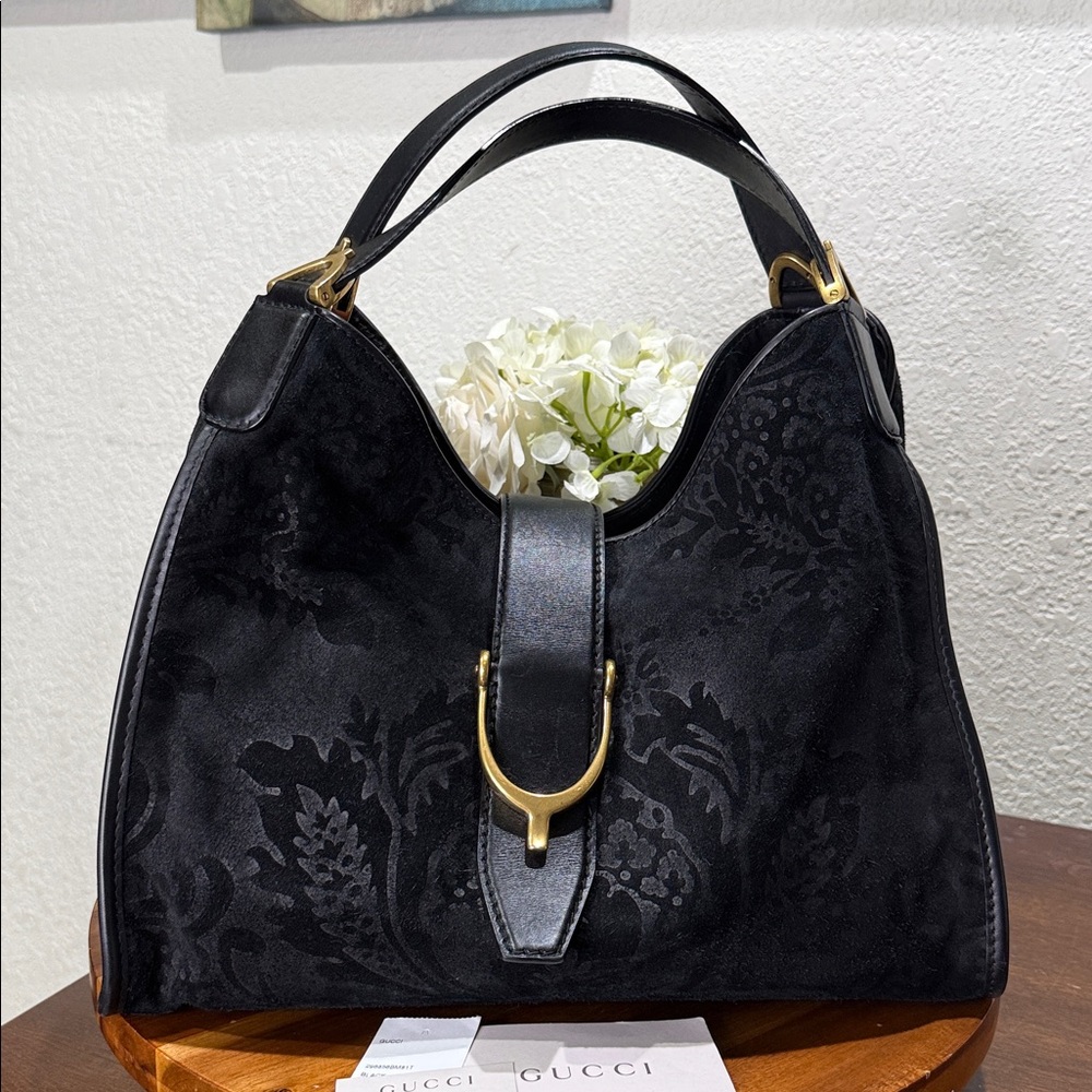 GUCCI Black Soft Stirrup Nubuck Black Suede Shoulder Bag - Picture 3 of 16